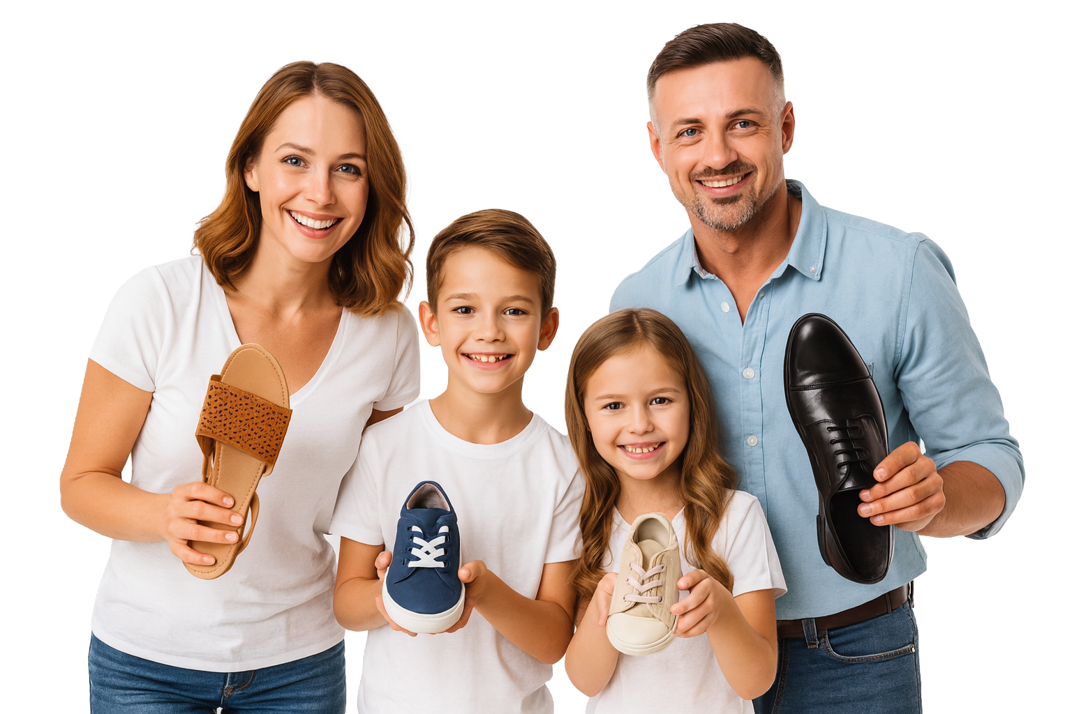 Família feliz com calçados